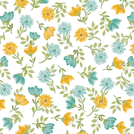 Montgomery: Mountain Charm - Mountain Flower Toss in Teal on White