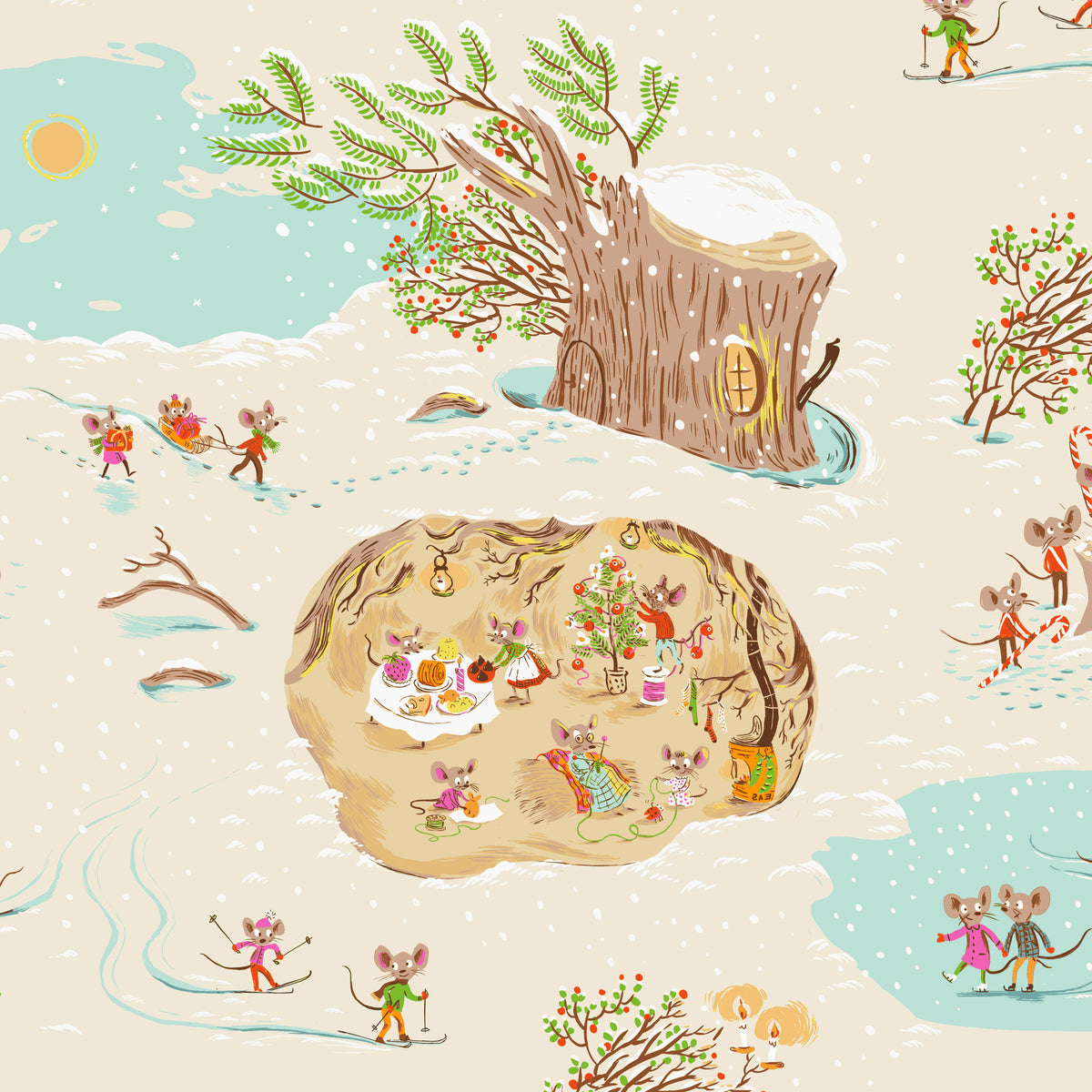 Heather Ross Favorites - Christmas Mice in Cream