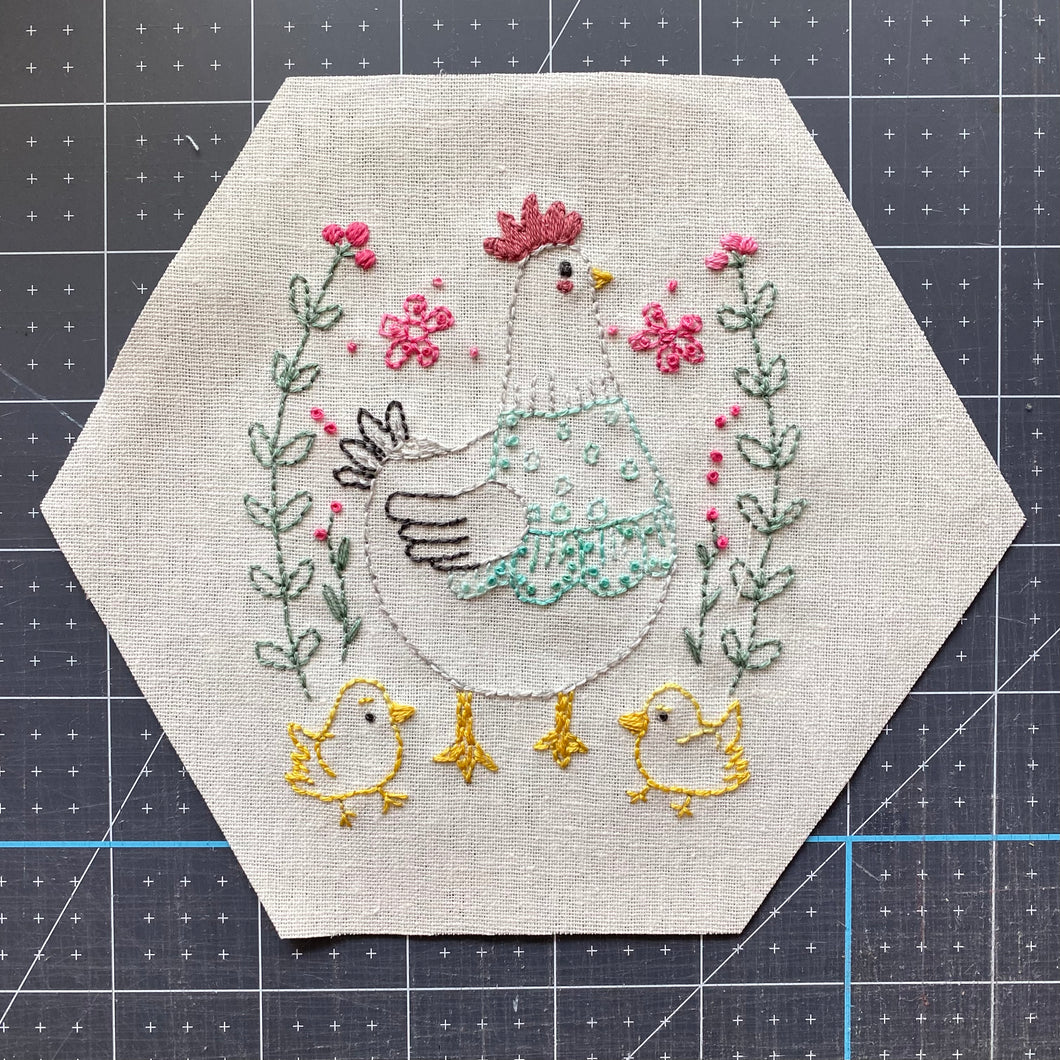 Hen and Chicks Embroidery  - Pre-Printed Linen Embroidery Panel or Kit