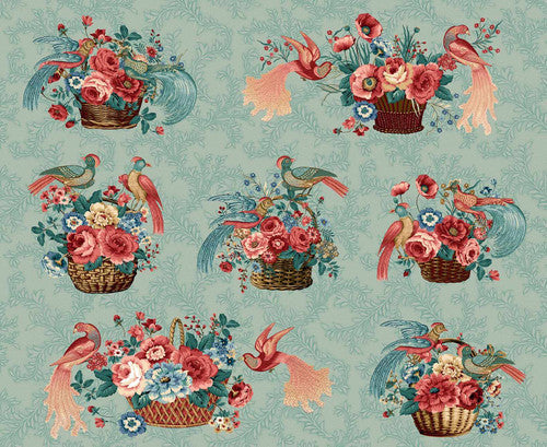 Philomena - Baskets and Birds in Light Teal