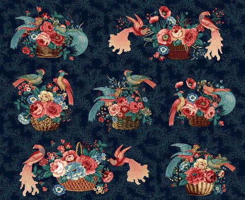 Philomena - Baskets and Birds in Prussian Blue